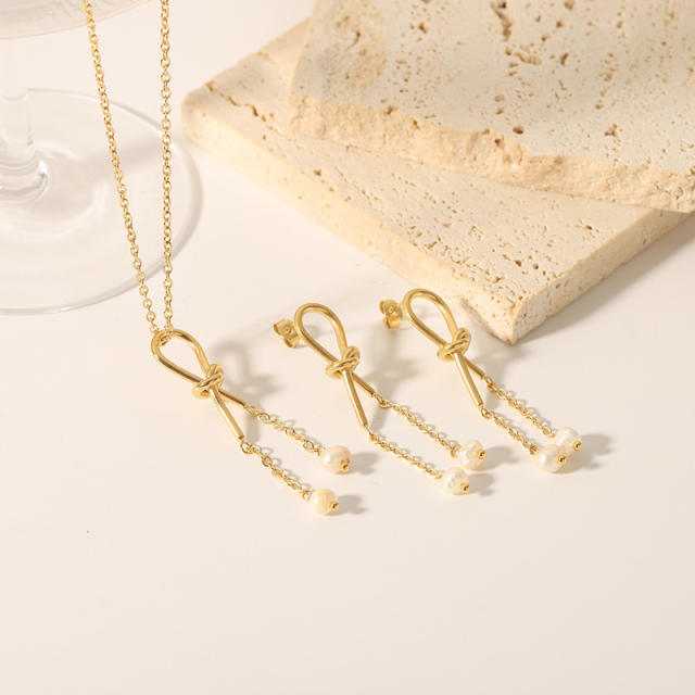 18KG knotted pendant pearl charm stainless steel necklace earrings set