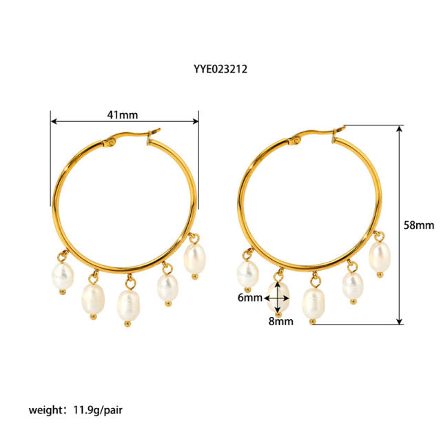 18KG water pearl drop big hoop stainless steel earrings