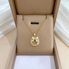 Chic round circle sweet bow diamond pendant stainless steel chain necklace