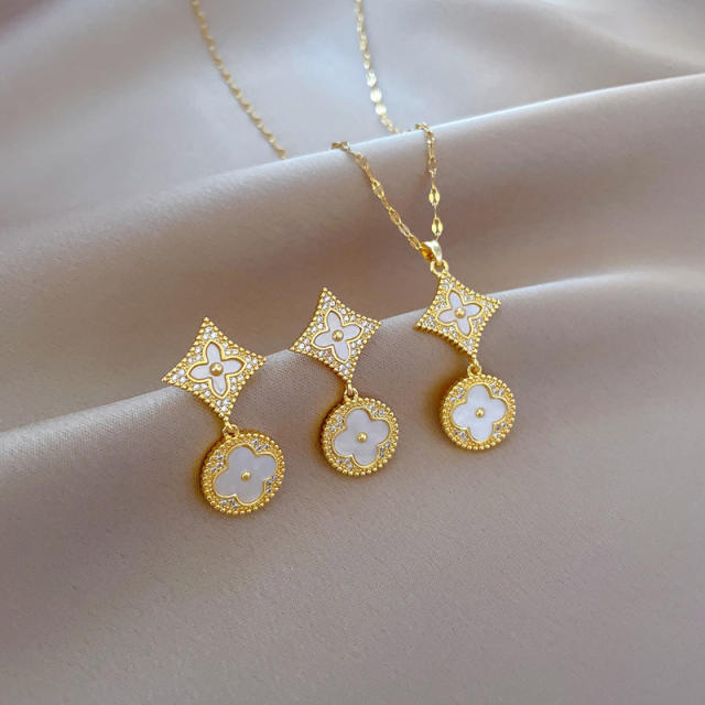 Delicate diamond clover pendant stainless steel chain necklace set