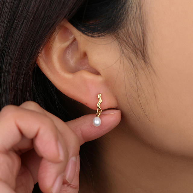 Chic wave shape pearl drop stainless steel earrings