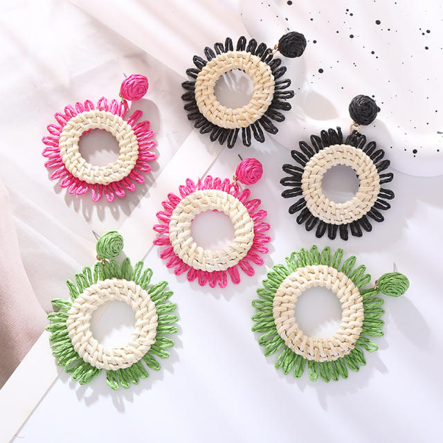 Boho beach colorful straw sunflower design dangle earrings