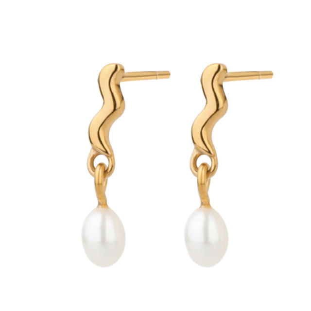 Chic wave shape pearl drop stainless steel earrings