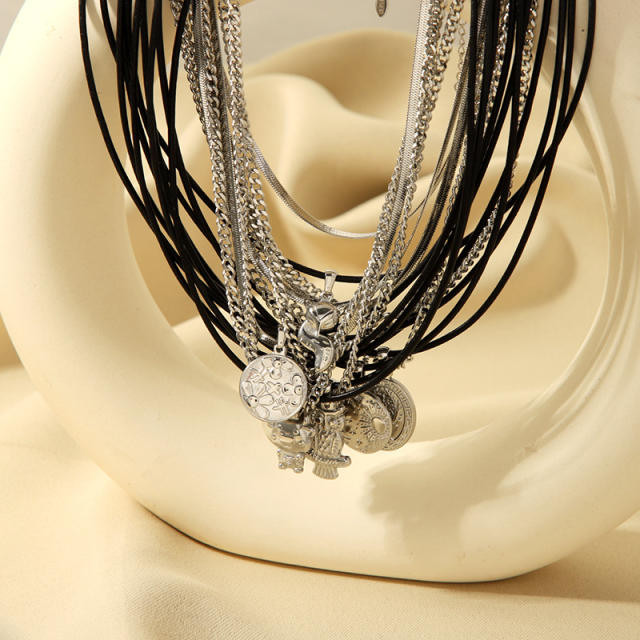 Vintage two layer stainless steel chain black rope necklace for men women