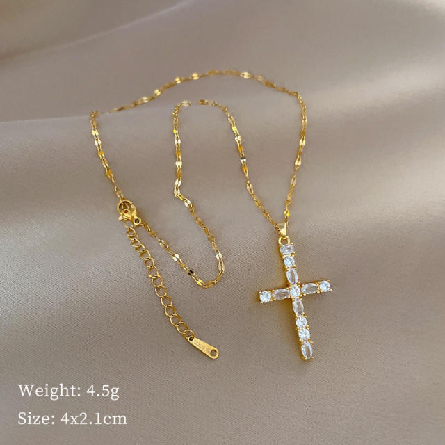 Classic diamond cross pendant stainless steel chain necklace