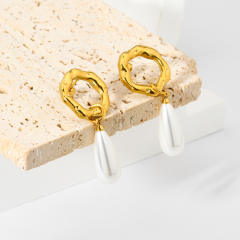 18KG elegant drop pearl stainless steel dangle earrings