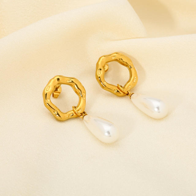18KG elegant drop pearl stainless steel dangle earrings