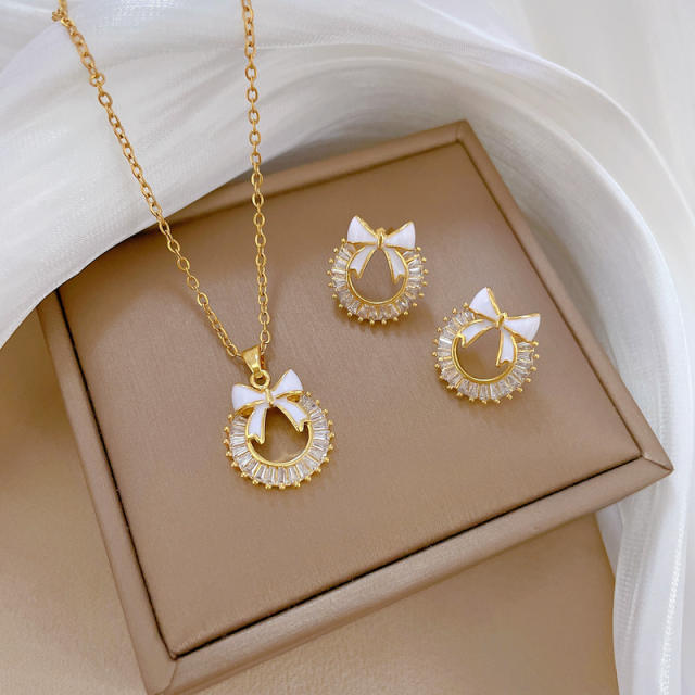 Chic round circle sweet bow diamond pendant stainless steel chain necklace
