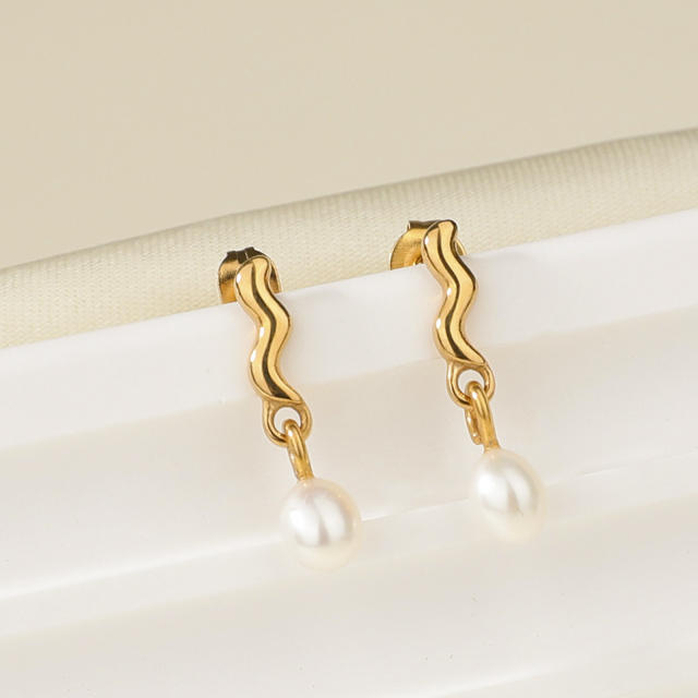 Chic wave shape pearl drop stainless steel earrings