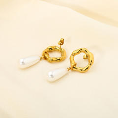 18KG elegant drop pearl stainless steel dangle earrings