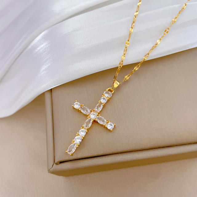 Classic diamond cross pendant stainless steel chain necklace