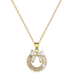 Chic round circle sweet bow diamond pendant stainless steel chain necklace