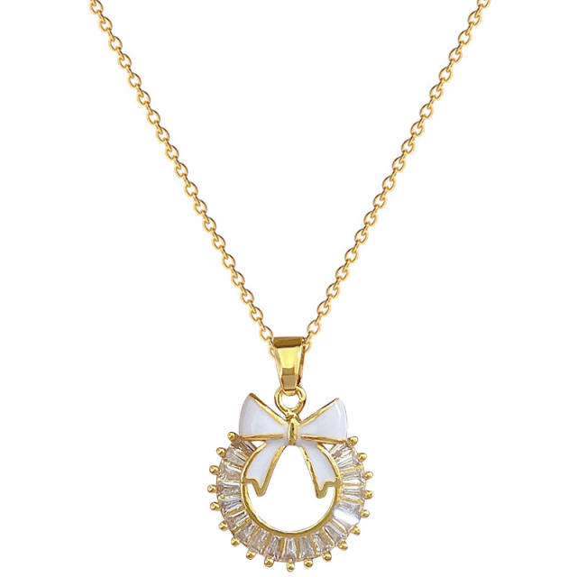 Chic round circle sweet bow diamond pendant stainless steel chain necklace