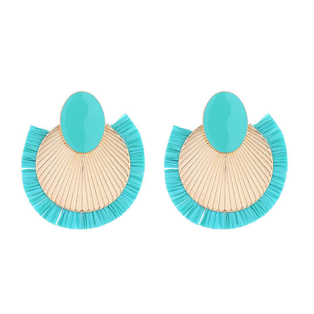 Boho beach trend colorful straw geometric round shape dangle earrings