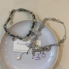 Y2K silver chain butterfly mix pu leather punk choker necklace
