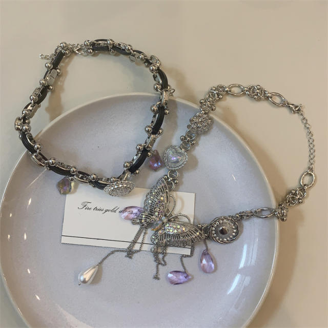 Y2K silver chain butterfly mix pu leather punk choker necklace