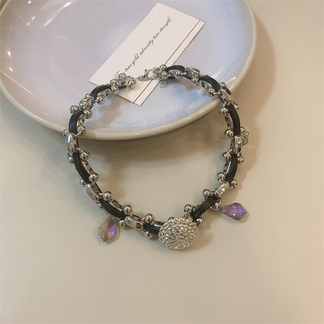 Y2K silver chain butterfly mix pu leather punk choker necklace