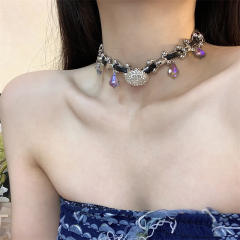 Y2K silver chain butterfly mix pu leather punk choker necklace