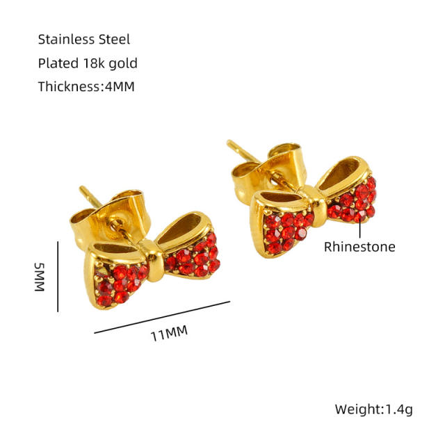 18KG Sweet diamond bow cute stainless steel studs earrings
