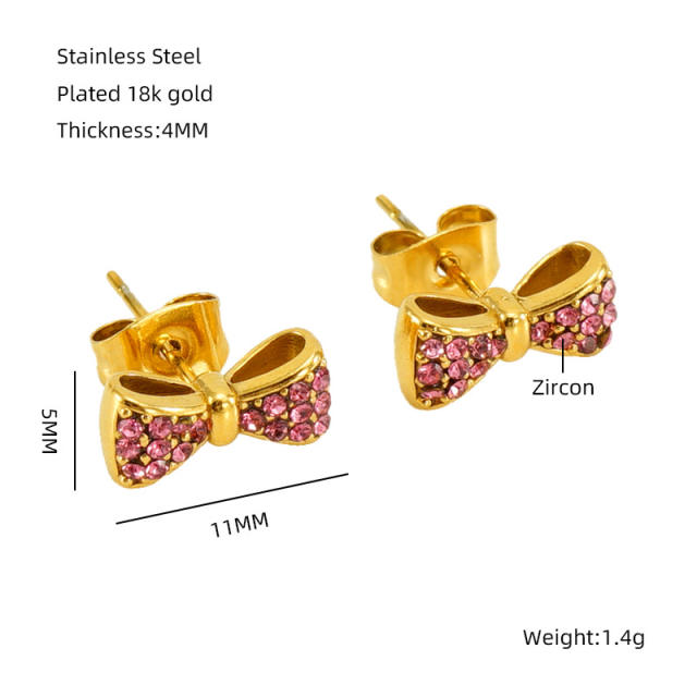18KG Sweet diamond bow cute stainless steel studs earrings