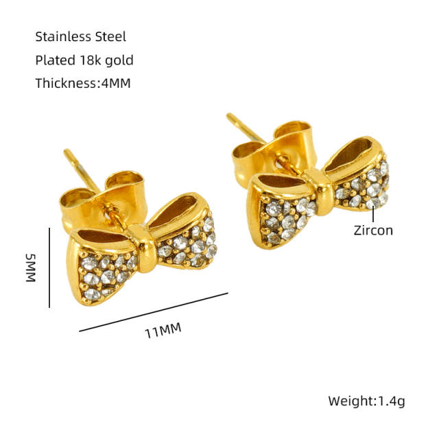 18KG Sweet diamond bow cute stainless steel studs earrings
