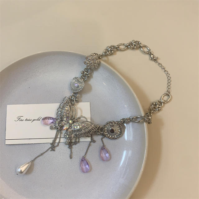 Y2K silver chain butterfly mix pu leather punk choker necklace