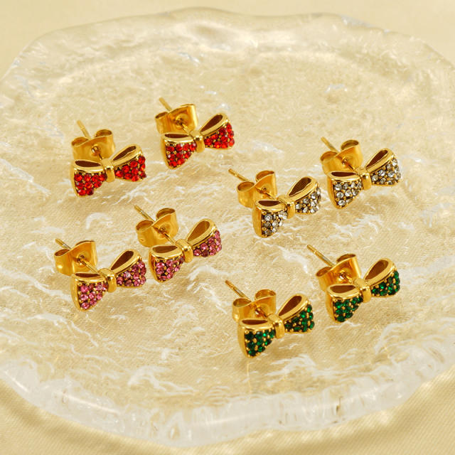 18KG Sweet diamond bow cute stainless steel studs earrings