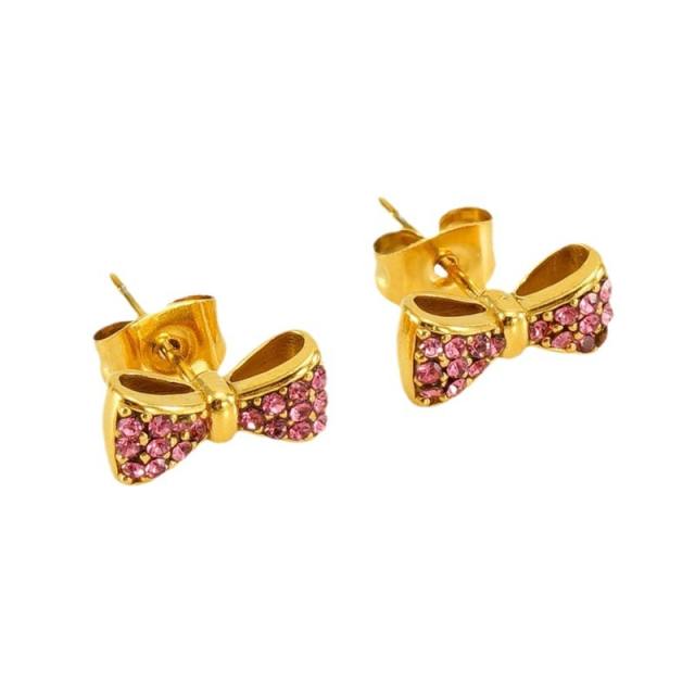 18KG Sweet diamond bow cute stainless steel studs earrings