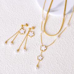 Classic white shell clover two layer stainless steel jewelry set