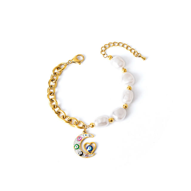 Personality evil eye charm pearl bead stainless steel chain Asymmetric Bracelet