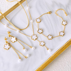 Classic white shell clover two layer stainless steel jewelry set