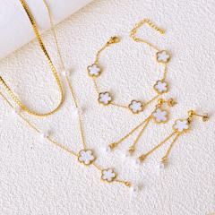 Classic white shell clover two layer stainless steel jewelry set