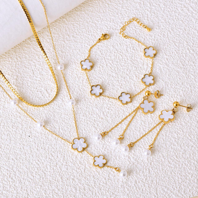 Classic white shell clover two layer stainless steel jewelry set
