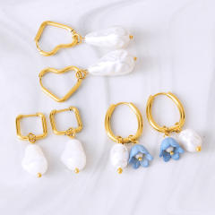Concise sweet flower pearl stainless steel earrings