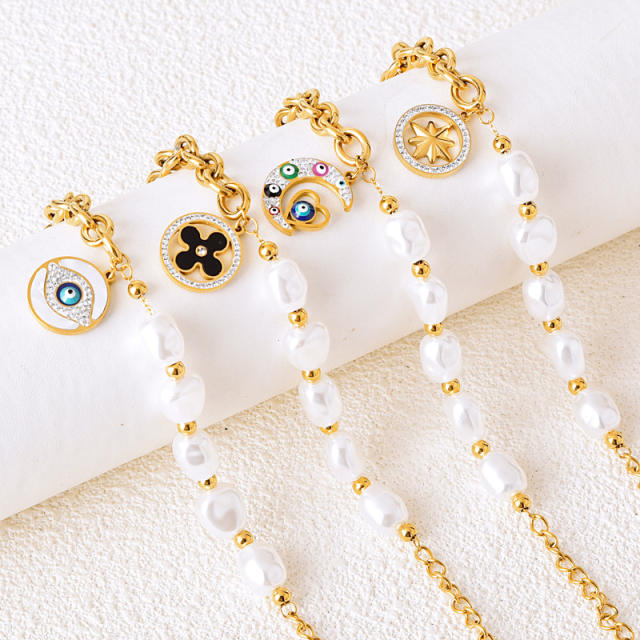 Personality evil eye charm pearl bead stainless steel chain Asymmetric Bracelet