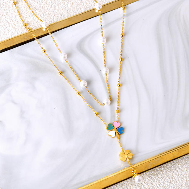Dainty two layer color enamel clover pearl bead women stainless steel necklace