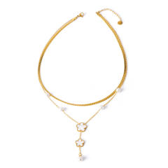 Classic white shell clover two layer stainless steel jewelry set