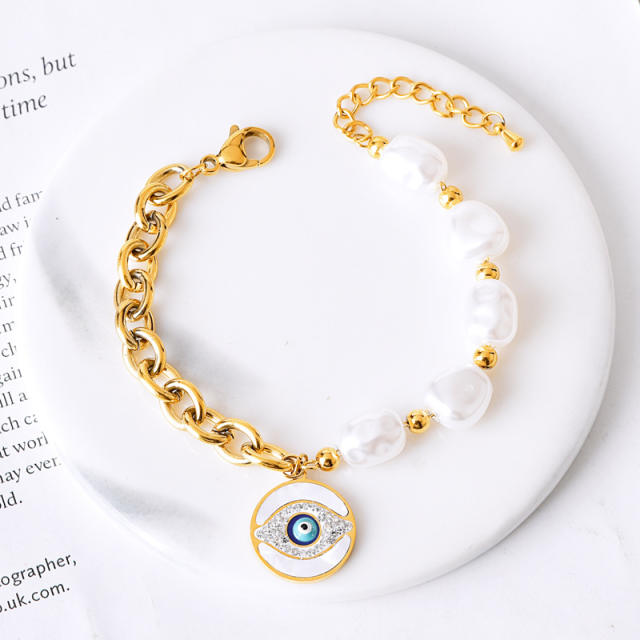Personality evil eye charm pearl bead stainless steel chain Asymmetric Bracelet