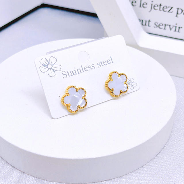 Hot sale white shell clover two layer stainless steel jewelry set