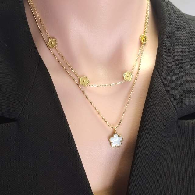 Hot sale white shell clover two layer stainless steel jewelry set