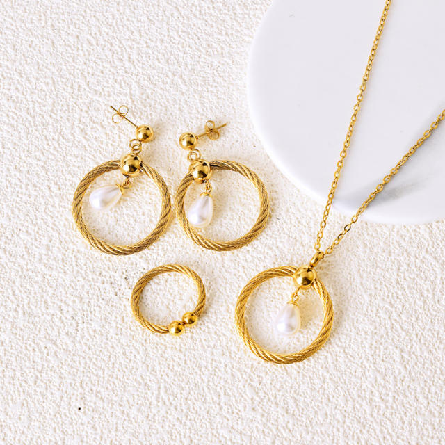 Chic geometric circle pearl stainless steel jewelry set