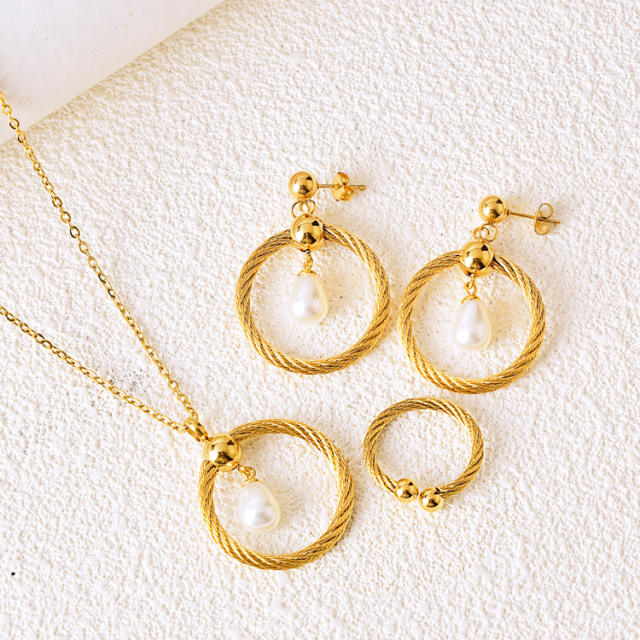 Chic geometric circle pearl stainless steel jewelry set