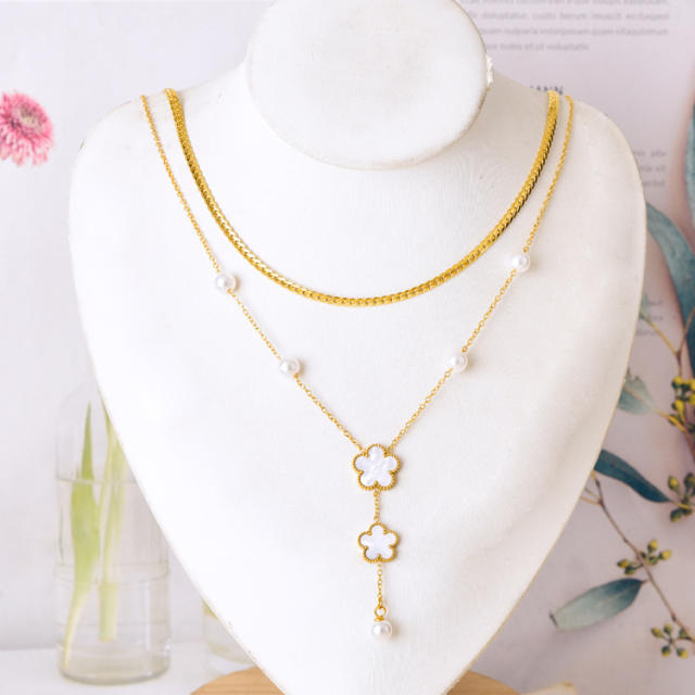 Classic white shell clover two layer stainless steel jewelry set