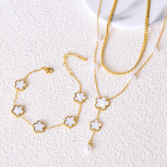 Classic white shell clover two layer stainless steel jewelry set