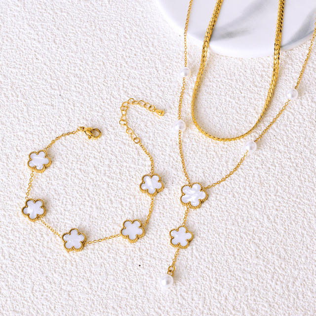 Classic white shell clover two layer stainless steel jewelry set
