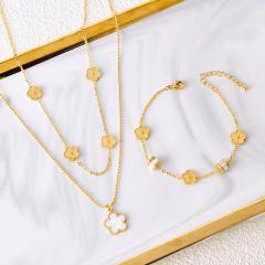 Hot sale white shell clover two layer stainless steel jewelry set