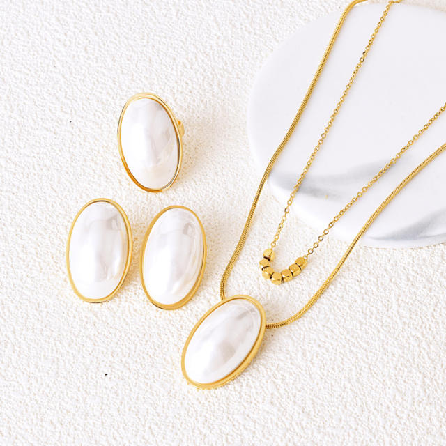Chic oval shape pearl stainless steel jewelry set