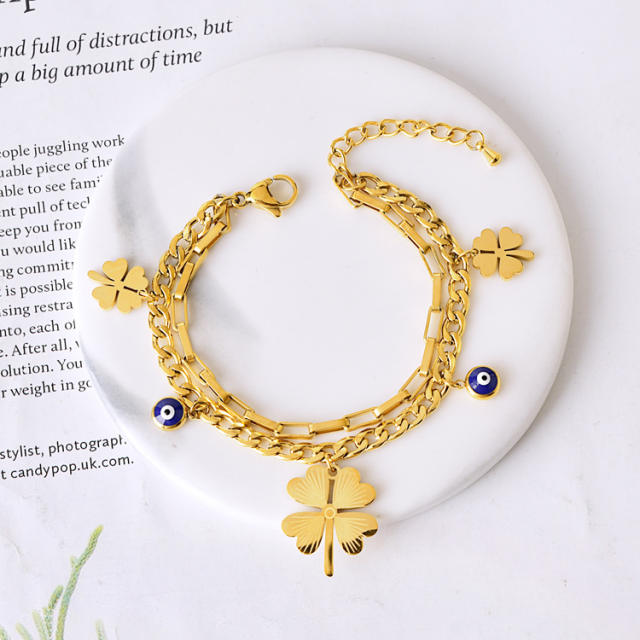 Gold color two layer cuban link chain stainless steel charm bracelet