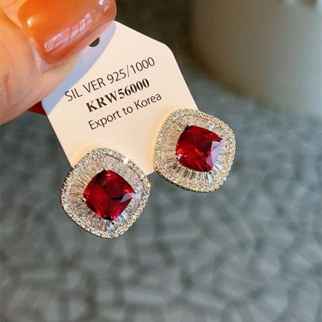 925 needle super shininy red cubic zircon square shape women earrings