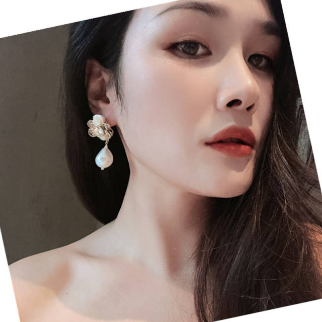 Handmade baroque pearl drop flower dangle earrings